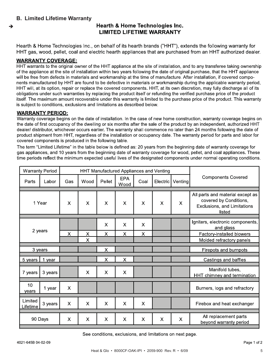 B. limited lifetime warranty | Heat & Glo Fireplace 8000CF-OAK-IPI User Manual | Page 5 / 58