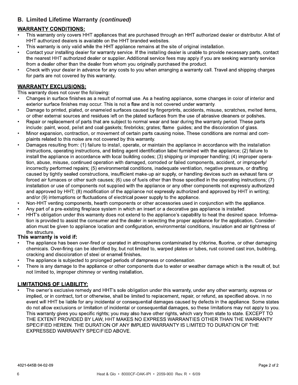 B. limited lifetime warranty (continued) | Heat & Glo Fireplace 8000CF-OAK-IPI User Manual | Page 6 / 58