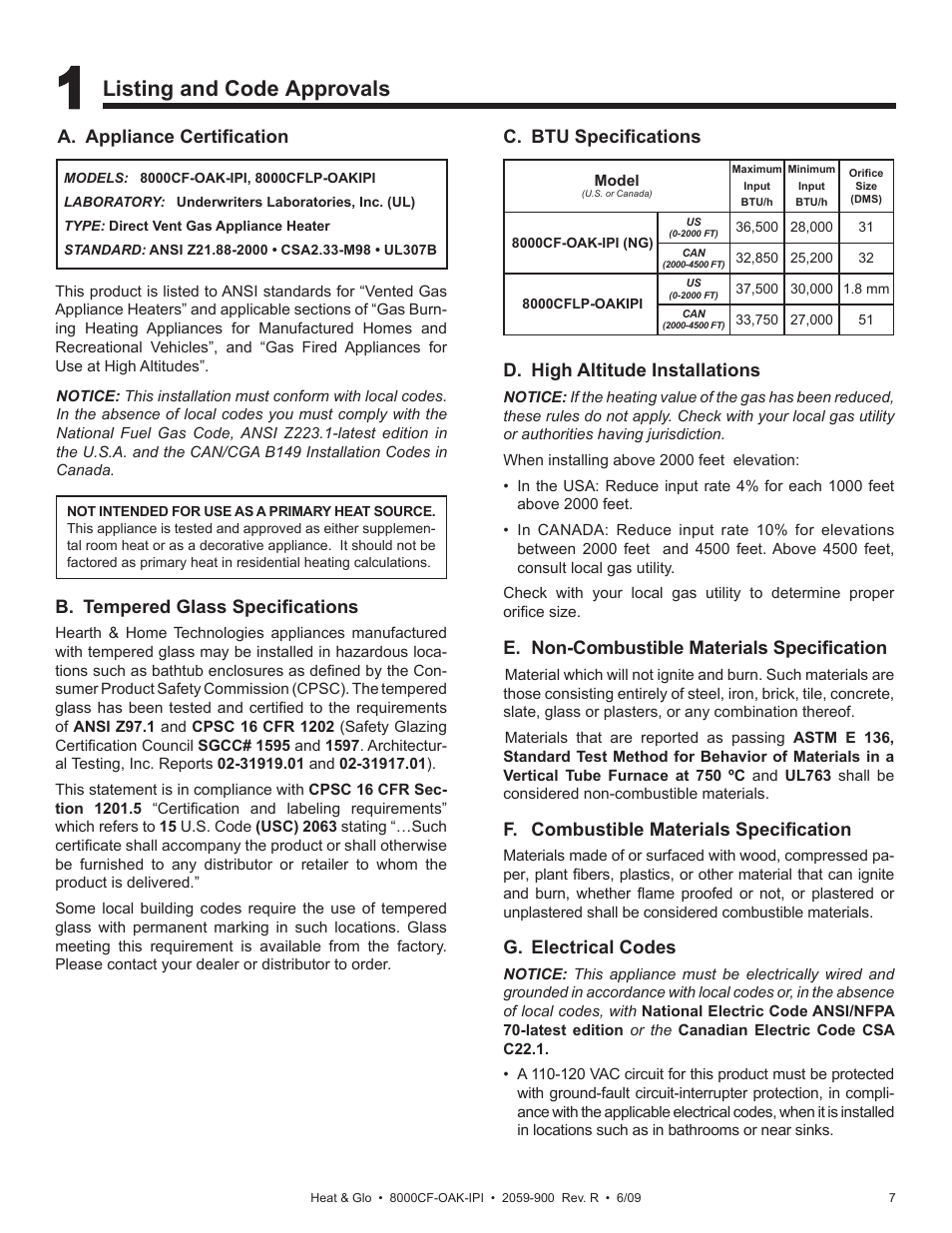 Listing and code approvals | Heat & Glo Fireplace 8000CF-OAK-IPI User Manual | Page 7 / 58