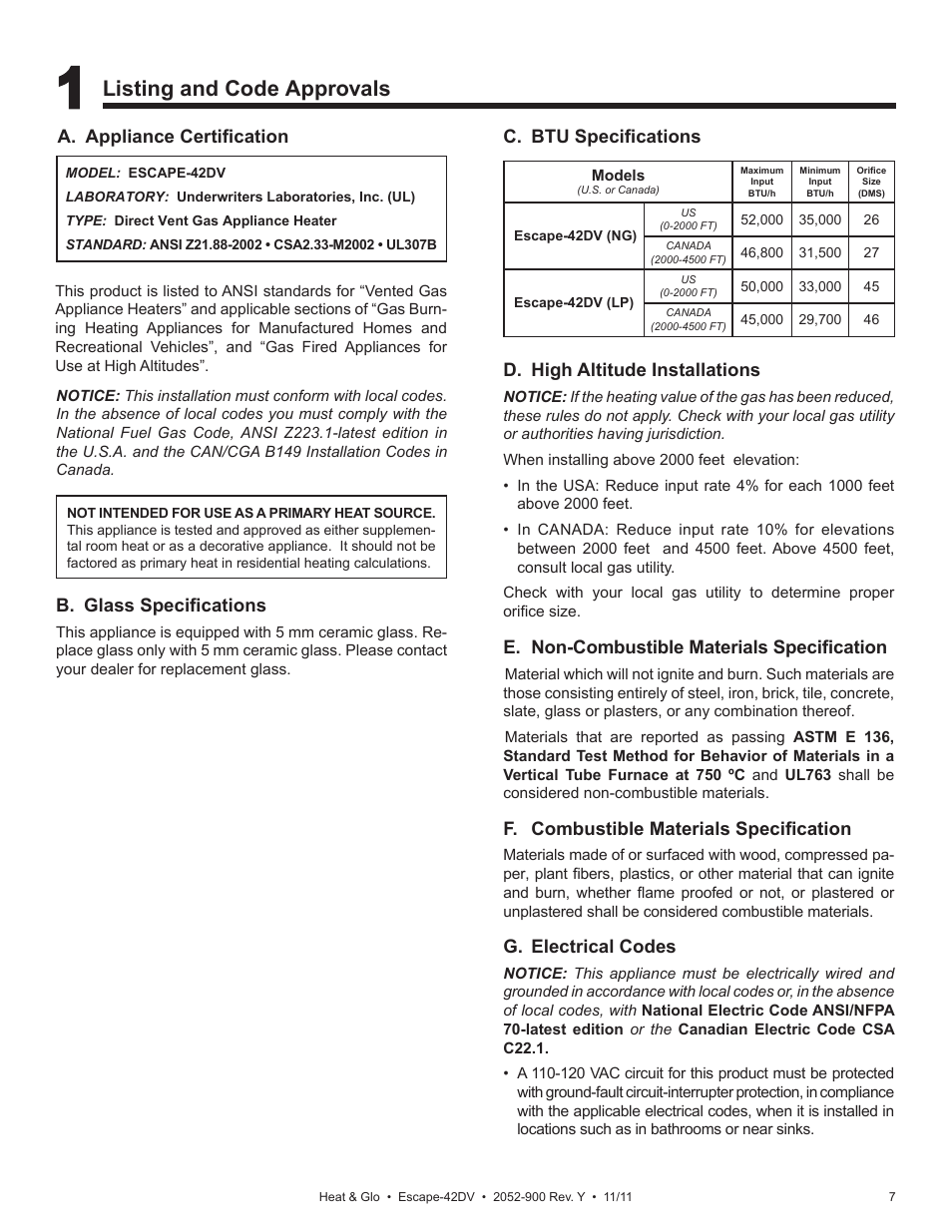 Listing and code approvals, C. btu speciﬁ cations, F. combustible materials speciﬁ cation | G. electrical codes, D. high altitude installations, B. glass speciﬁ cations | Heat & Glo Fireplace HEAT & GLO Escape-42DV User Manual | Page 7 / 61