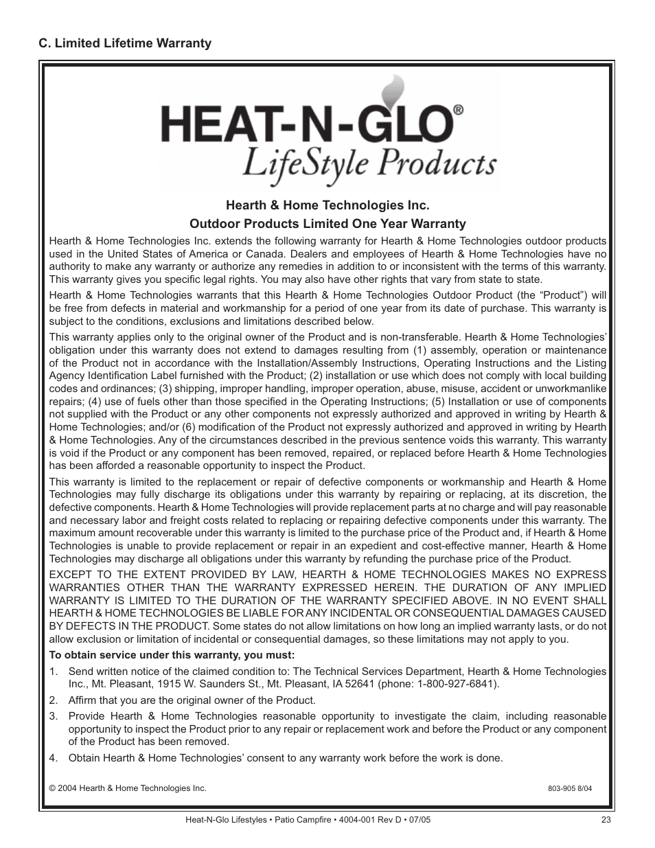 Heat & Glo Fireplace PCFML-HNG User Manual | Page 23 / 24