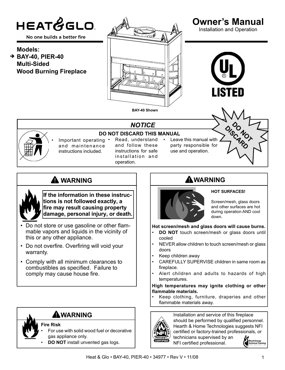 Heat & Glo Fireplace BAY-40 User Manual | 52 pages