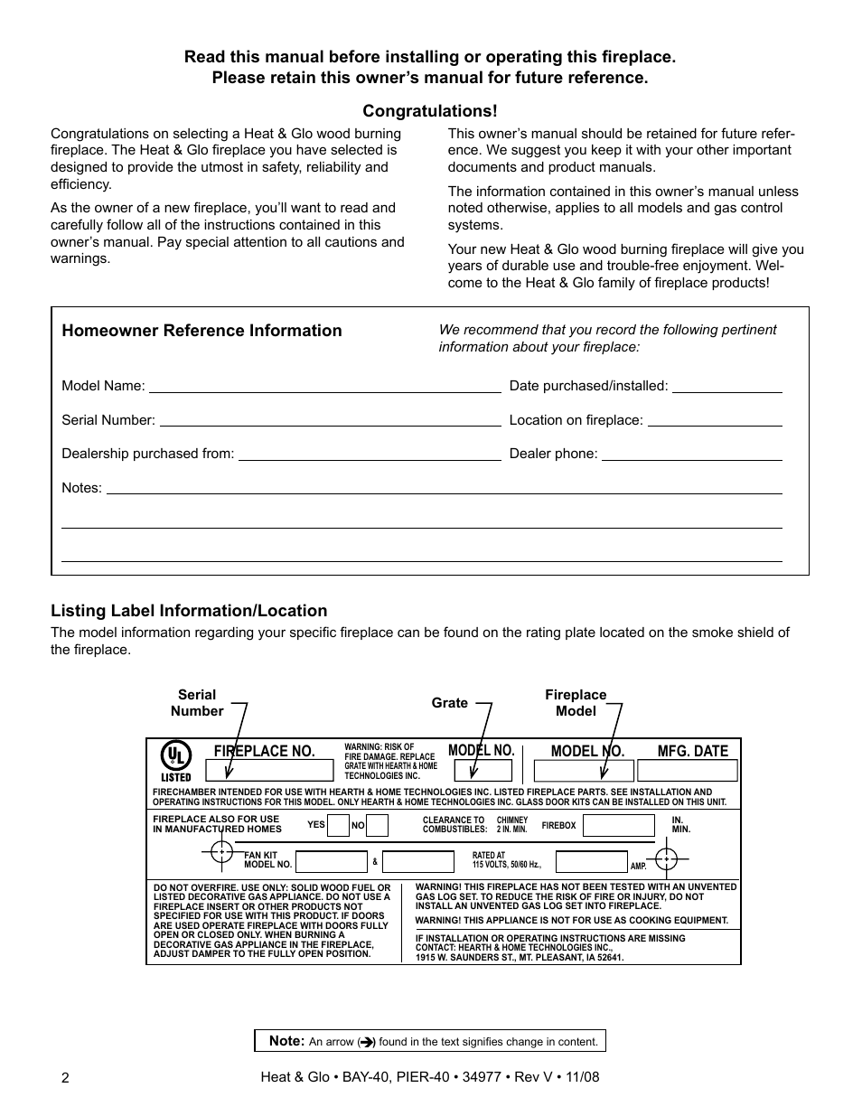Listing label information/location, Fireplace no. model no. model no. mfg. date | Heat & Glo Fireplace BAY-40 User Manual | Page 2 / 52