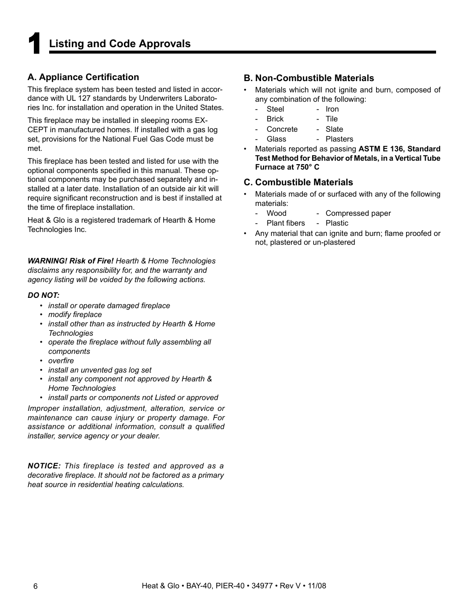 Listing and code approvals | Heat & Glo Fireplace BAY-40 User Manual | Page 6 / 52