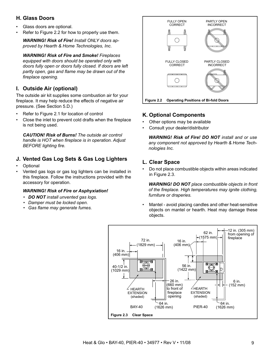I. outside air (optional), H. glass doors, J. vented gas log sets & gas log lighters | K. optional components, L. clear space | Heat & Glo Fireplace BAY-40 User Manual | Page 9 / 52