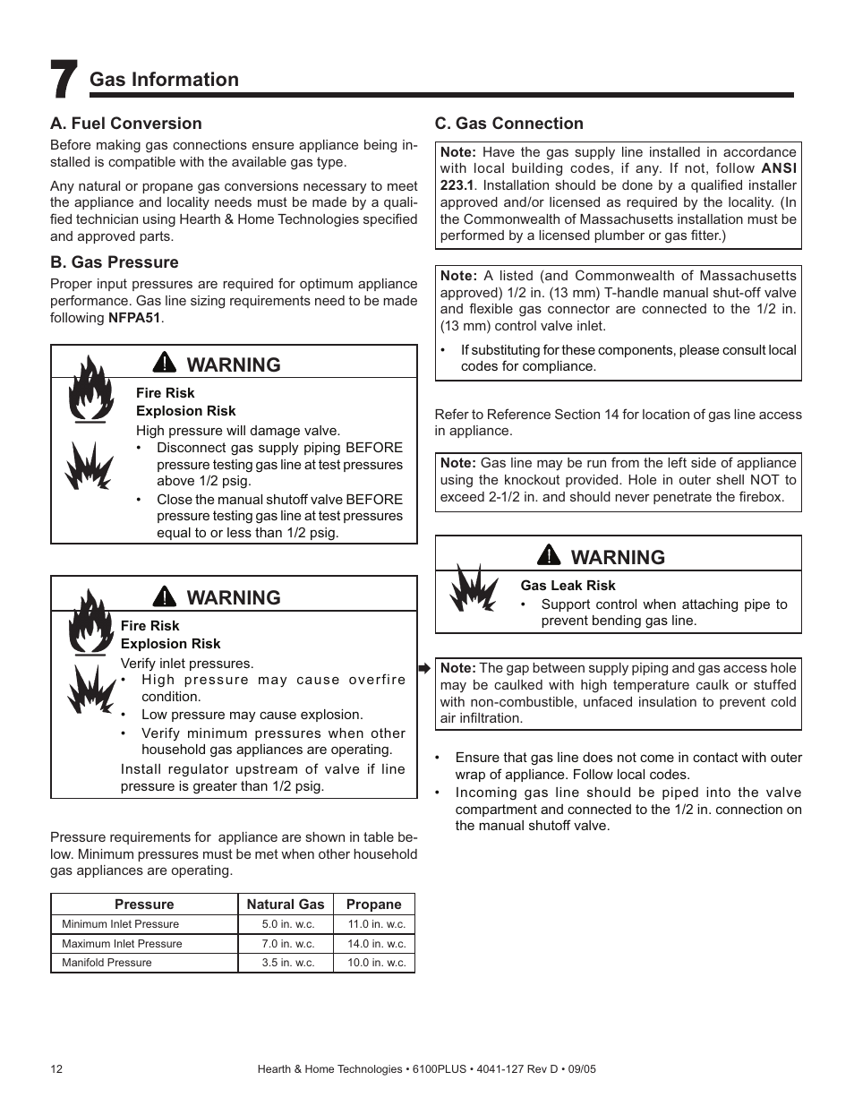 Warning, Gas information | Heat & Glo Fireplace 6100PLUS User Manual | Page 12 / 40