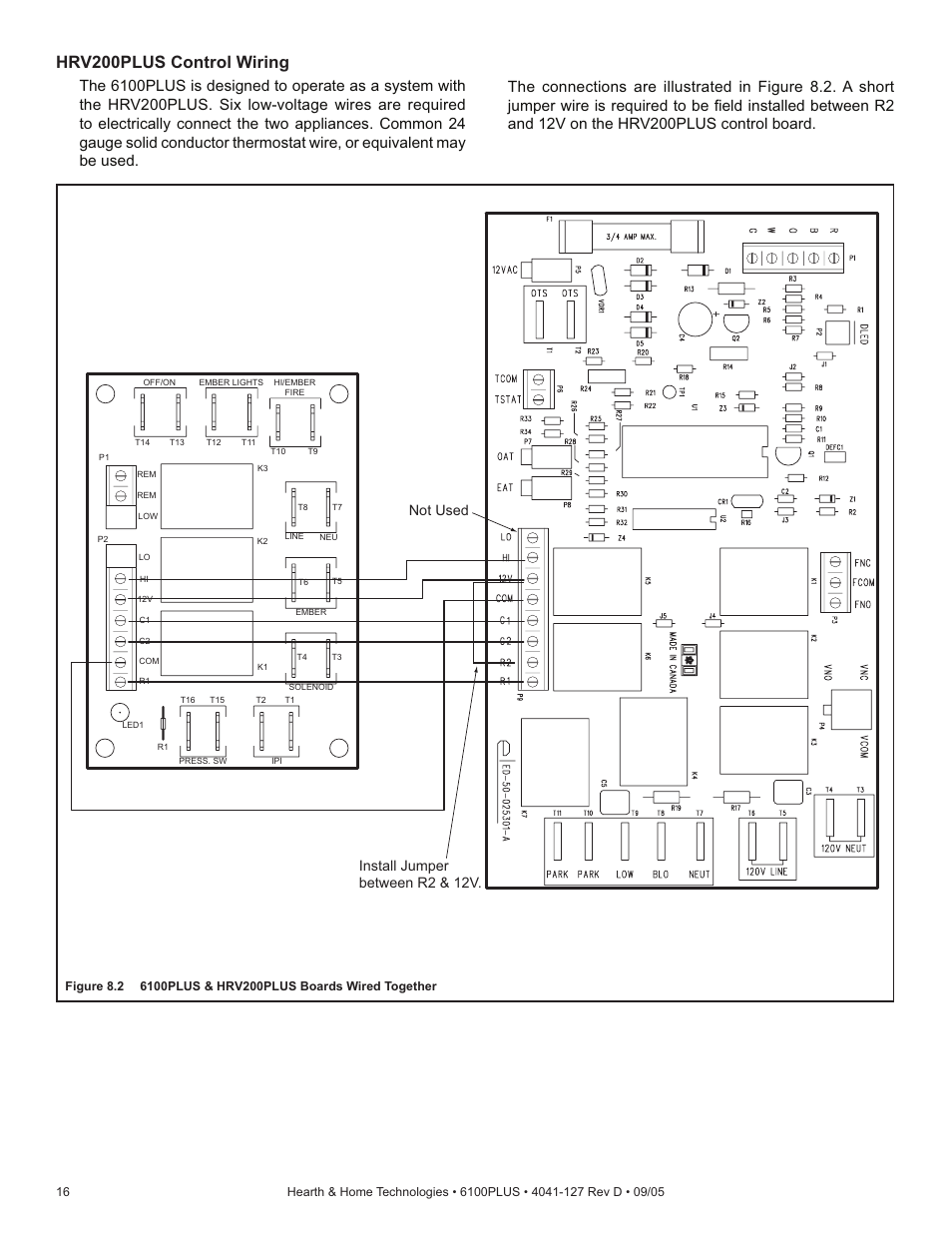 Hrv200plus control wiring, Not used install jumper between r2 & 12v | Heat & Glo Fireplace 6100PLUS User Manual | Page 16 / 40