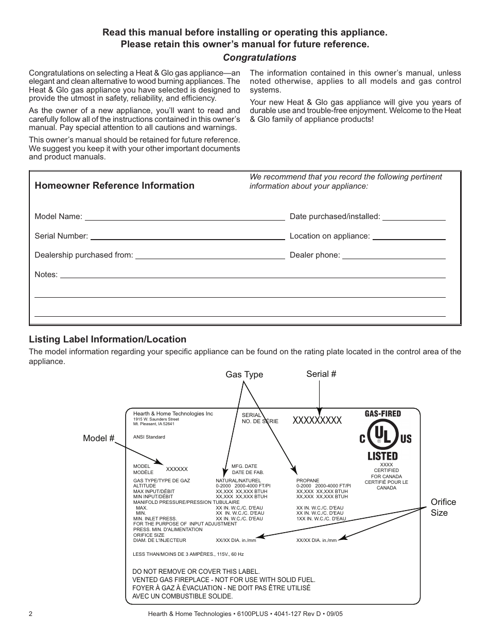 Listing label information/location, Homeowner reference information, Serial # gas type orifice size model | Heat & Glo Fireplace 6100PLUS User Manual | Page 2 / 40