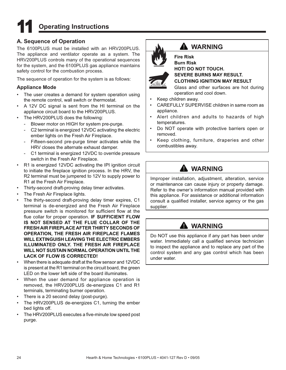 Warning, Operating instructions | Heat & Glo Fireplace 6100PLUS User Manual | Page 24 / 40