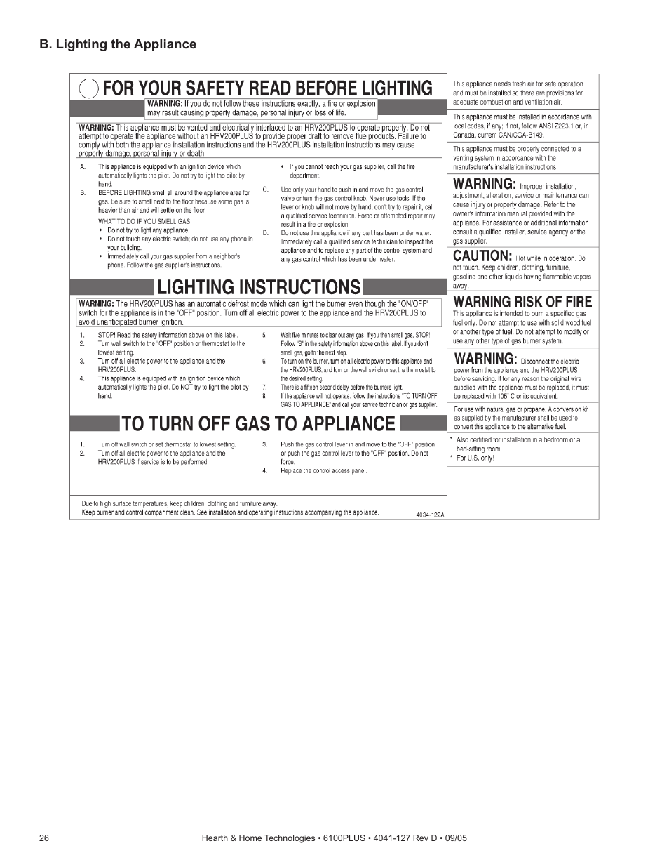 B. lighting the appliance | Heat & Glo Fireplace 6100PLUS User Manual | Page 26 / 40