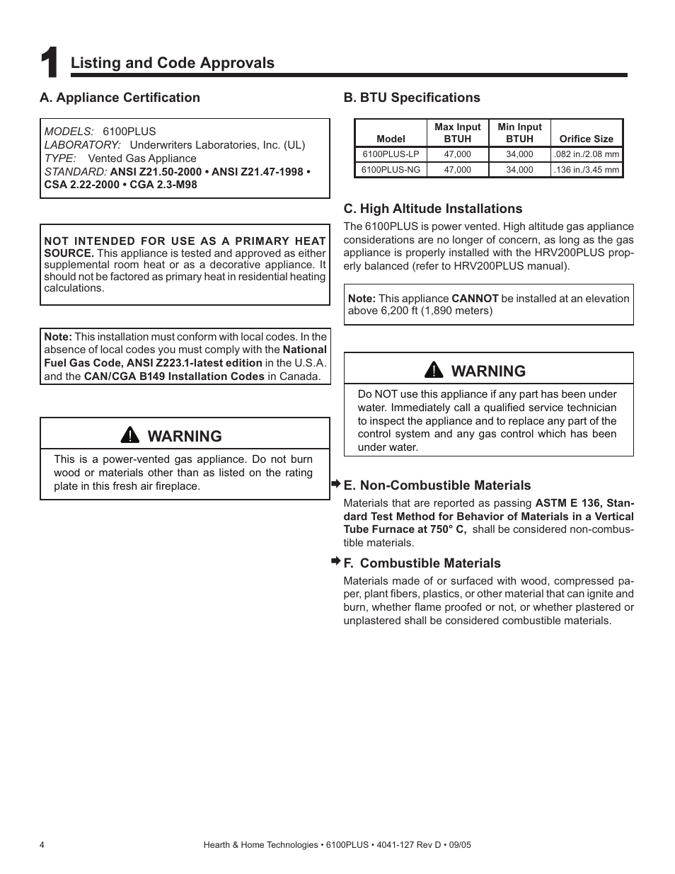 Listing and code approvals, Warning | Heat & Glo Fireplace 6100PLUS User Manual | Page 4 / 40