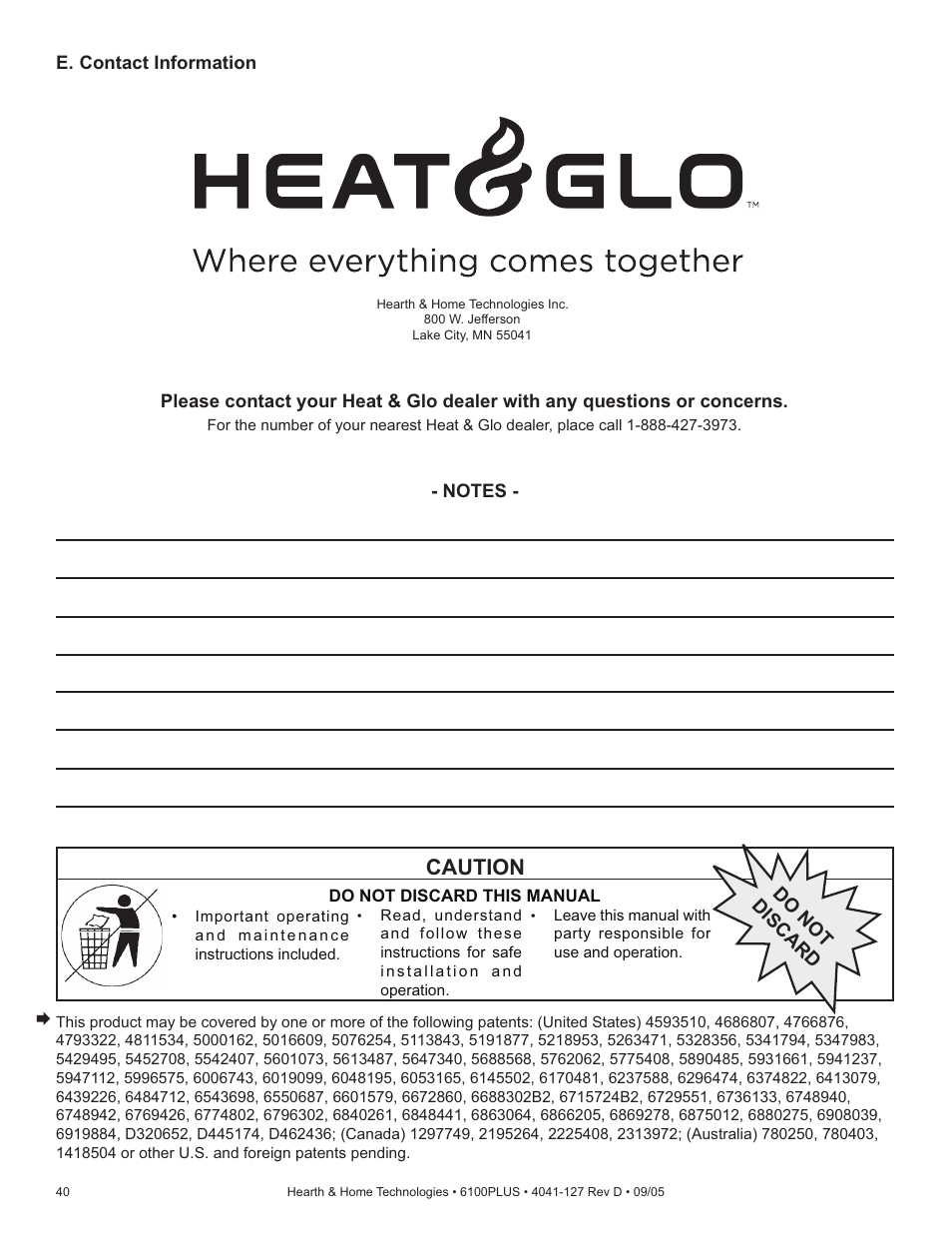 Caution, Do not discard | Heat & Glo Fireplace 6100PLUS User Manual | Page 40 / 40