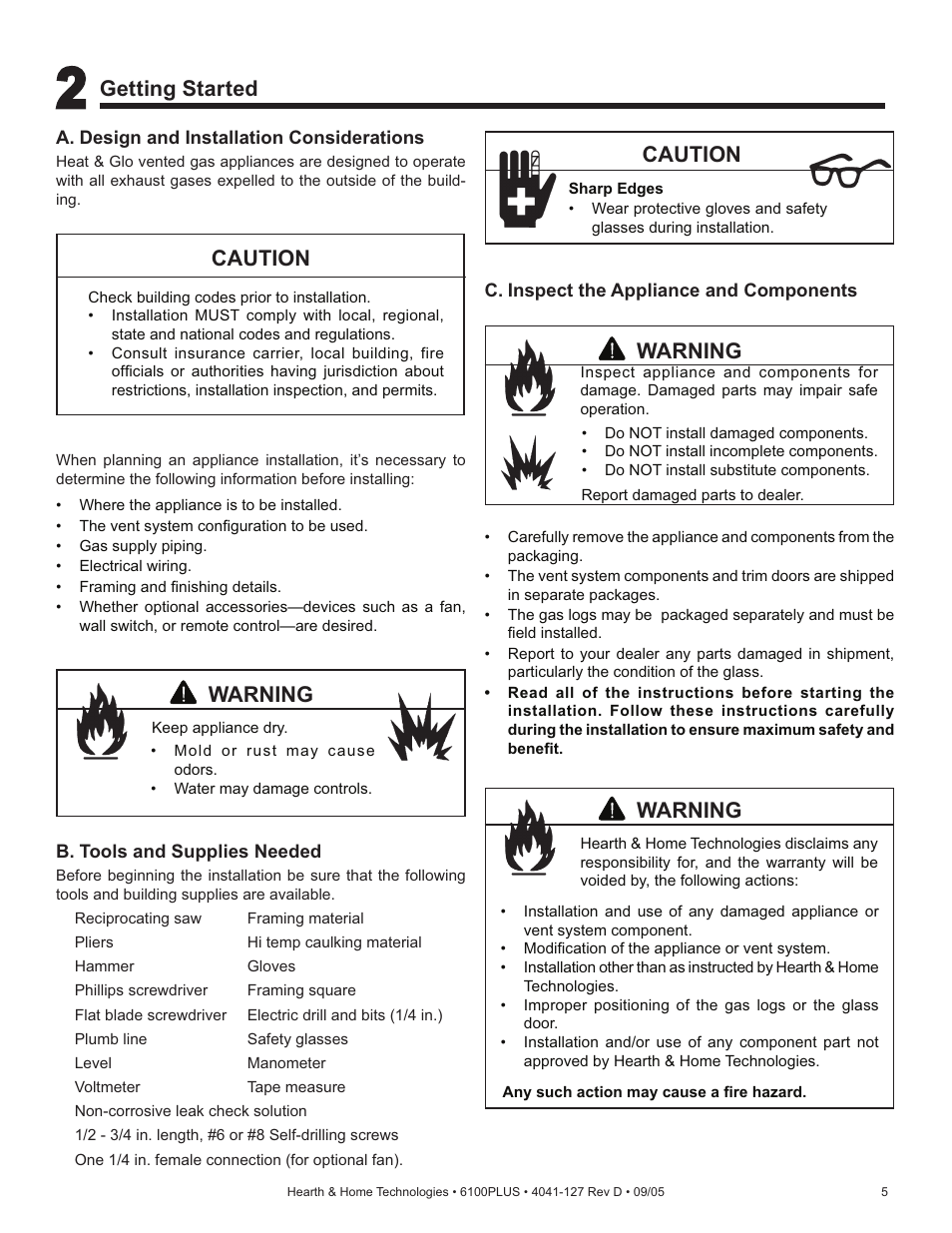 Caution, Warning, Getting started | Heat & Glo Fireplace 6100PLUS User Manual | Page 5 / 40