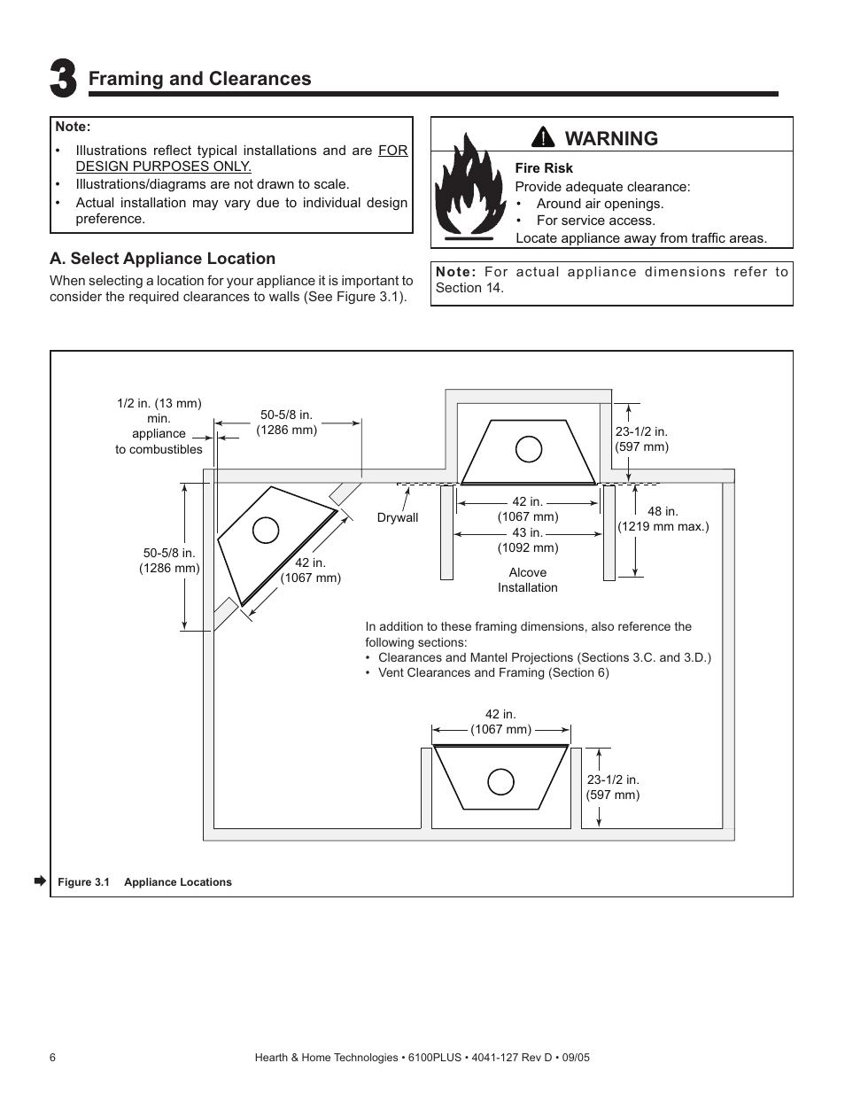 Warning, Framing and clearances | Heat & Glo Fireplace 6100PLUS User Manual | Page 6 / 40