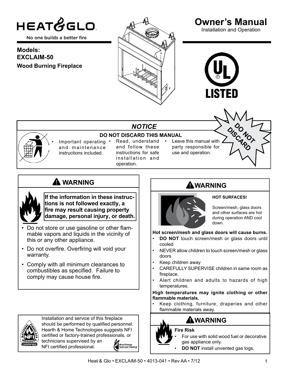 Heat & Glo Fireplace Heat & Glo Exclaim-50 User Manual | 52 pages