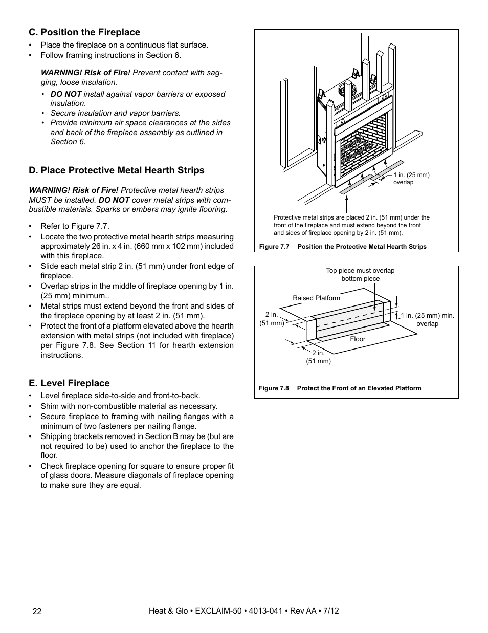 C. position the fireplace, D. place protective metal hearth strips, E. level fireplace | Heat & Glo Fireplace Heat & Glo Exclaim-50 User Manual | Page 22 / 52