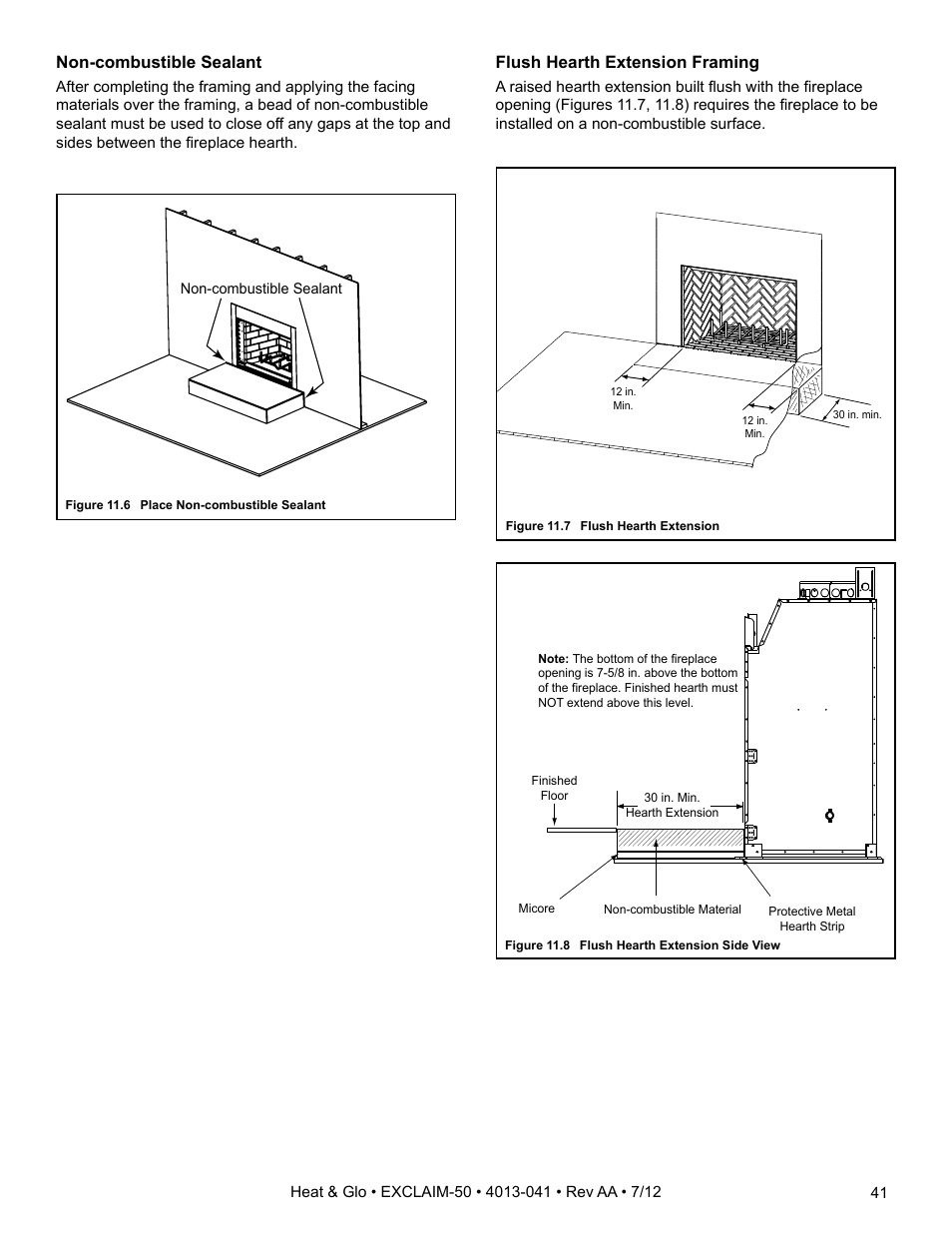 Non-combustible sealant, Flush hearth extension framing | Heat & Glo Fireplace Heat & Glo Exclaim-50 User Manual | Page 41 / 52