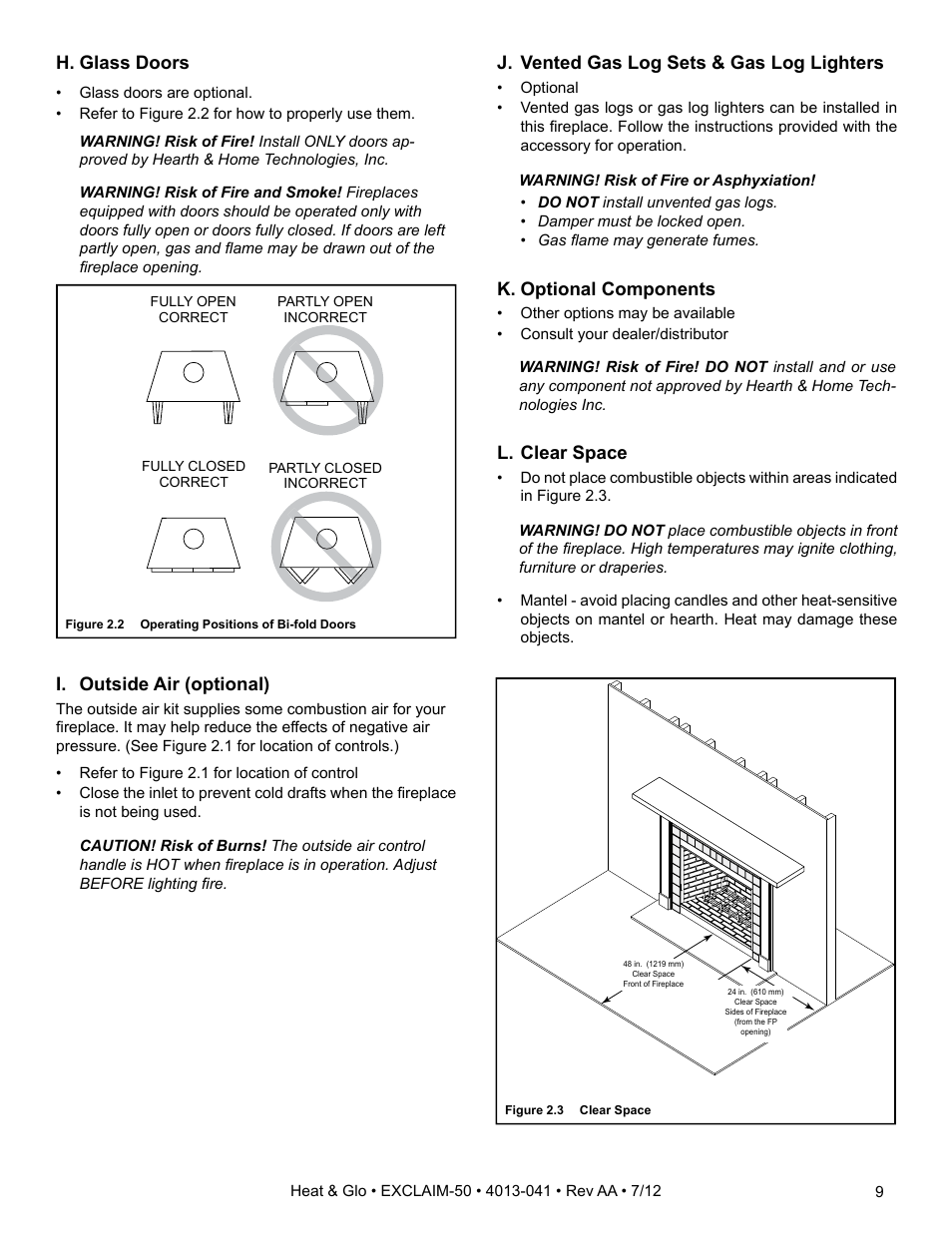 I. outside air (optional), H. glass doors, J. vented gas log sets & gas log lighters | K. optional components, L. clear space | Heat & Glo Fireplace Heat & Glo Exclaim-50 User Manual | Page 9 / 52