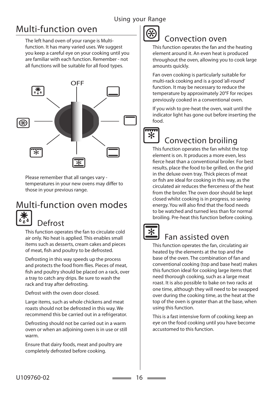 Multi-function oven, Multi-function oven modes, Defrost | Convection oven, Convection broiling, Fan assisted oven | Heartland Bakeware U109760-02 User Manual | Page 16 / 56
