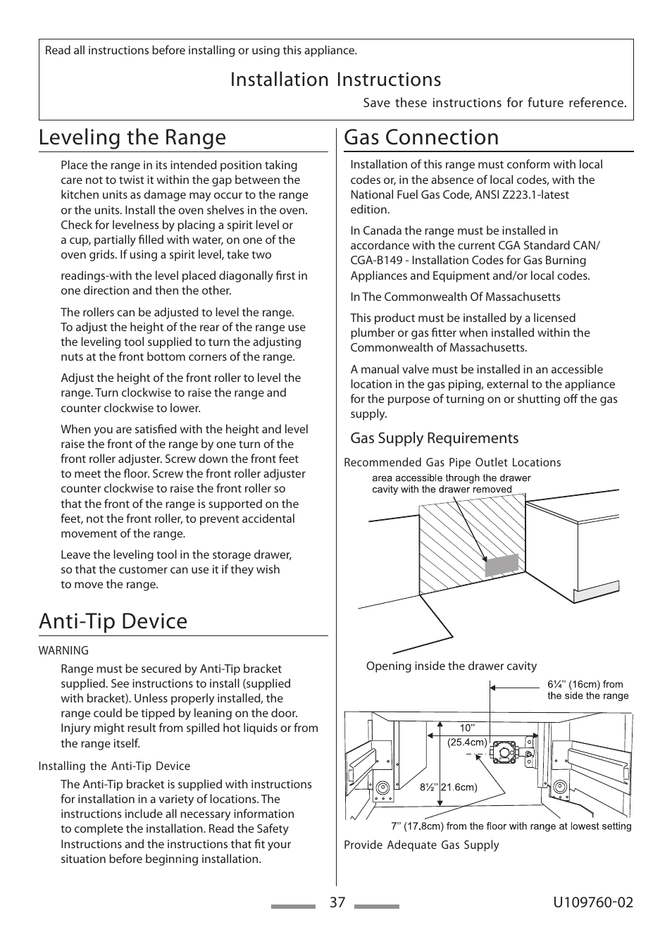 Leveling the range, Anti-tip device, Gas connection | Installation instructions | Heartland Bakeware U109760-02 User Manual | Page 37 / 56