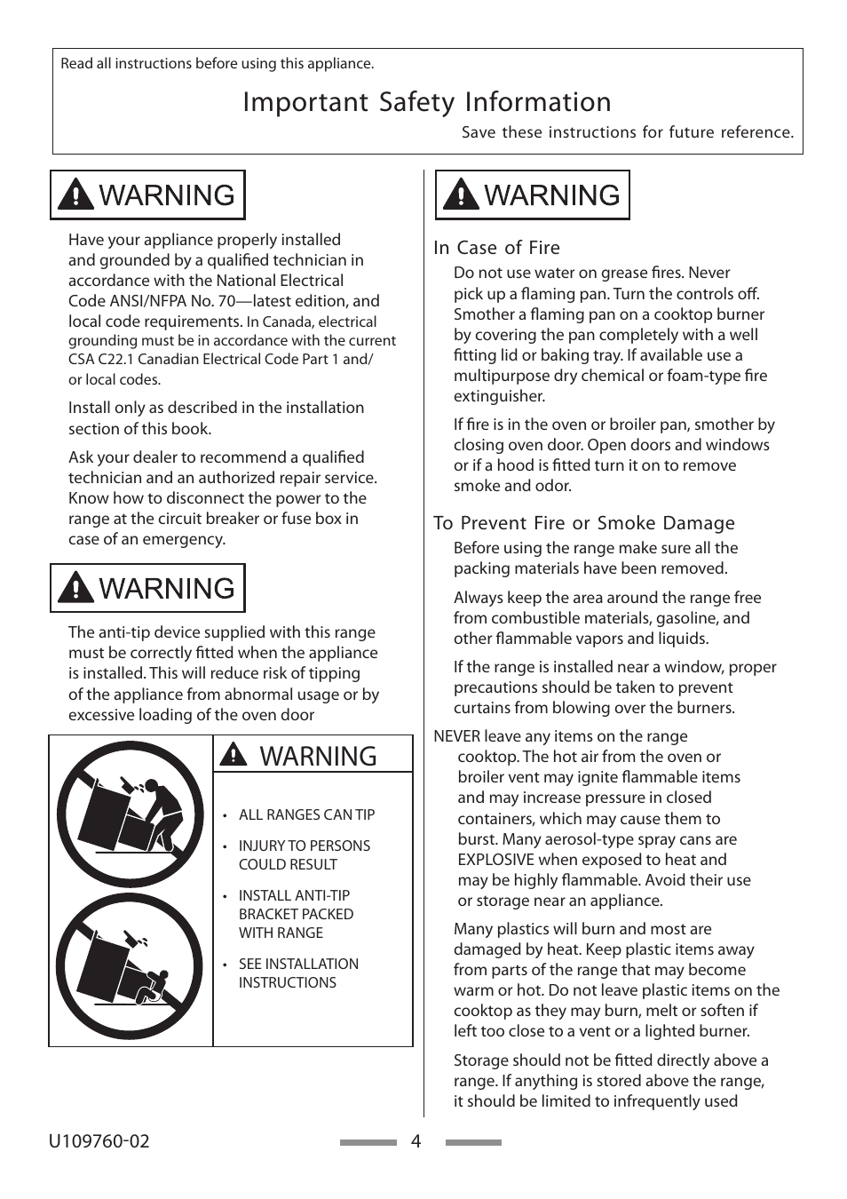 Important safety information, Warning | Heartland Bakeware U109760-02 User Manual | Page 4 / 56