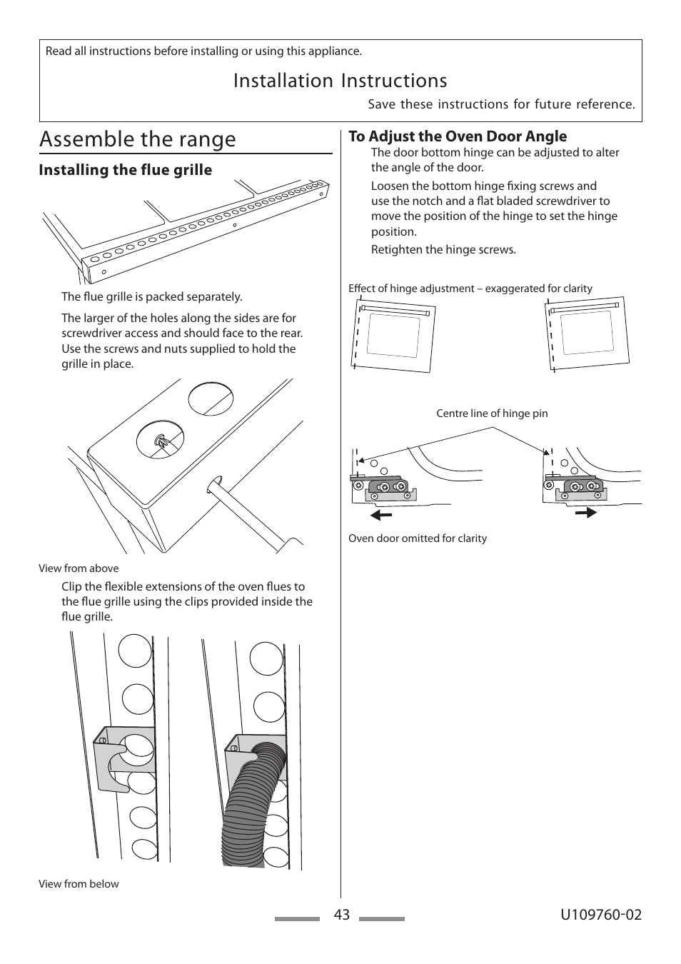 Assemble the range, Installation instructions | Heartland Bakeware U109760-02 User Manual | Page 43 / 56