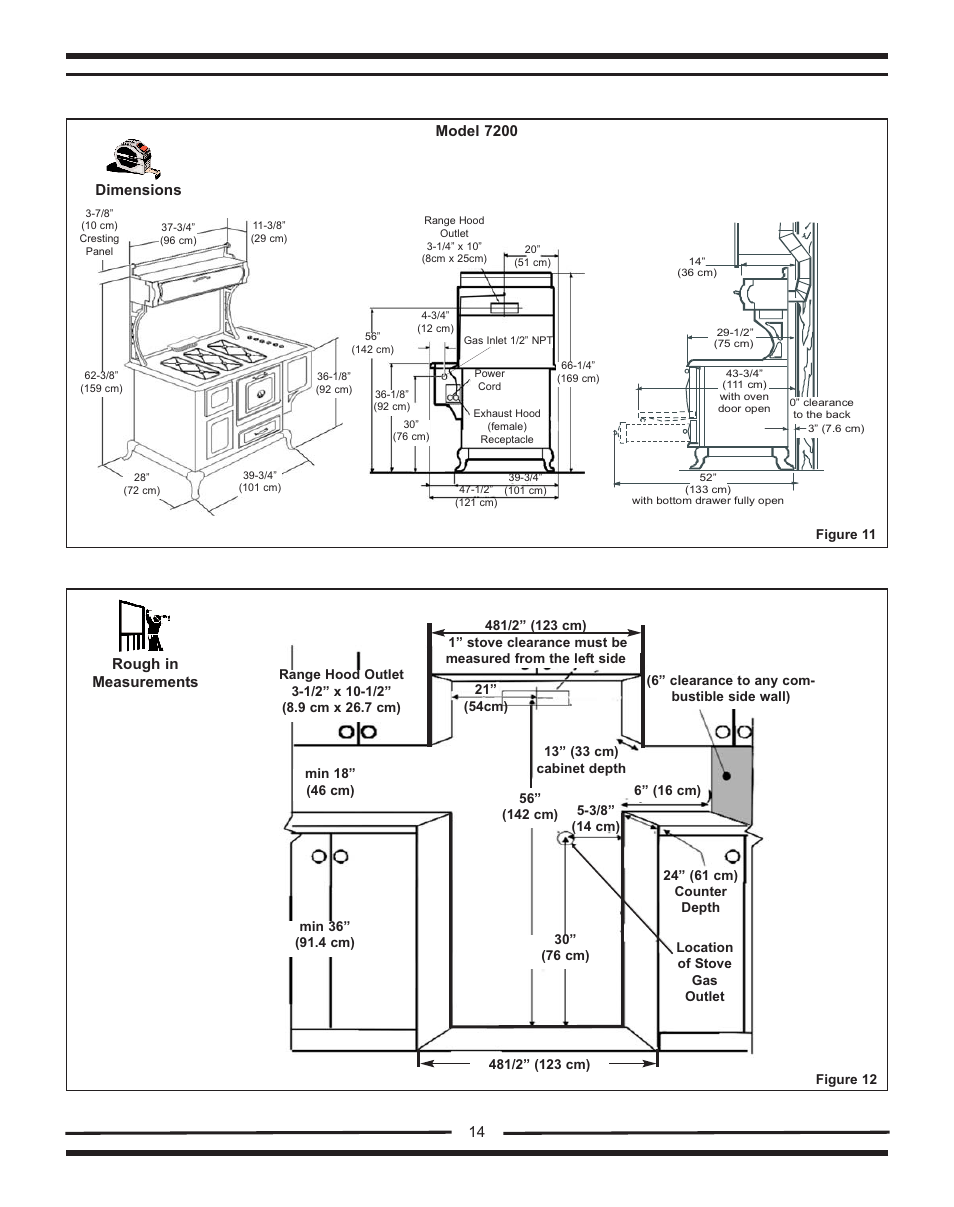 14 rough in measurements, Dimensions model 7200 | Heartland Bakeware 9200/7200 User Manual | Page 14 / 38