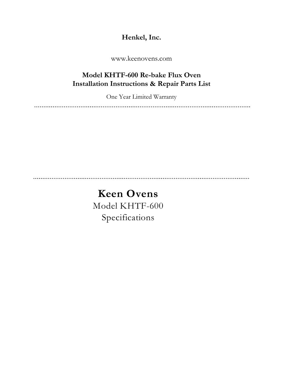 Keen ovens, Model khtf-600 specifications, Henkel, inc | Henkel KHTF-600 User Manual | Page 2 / 7