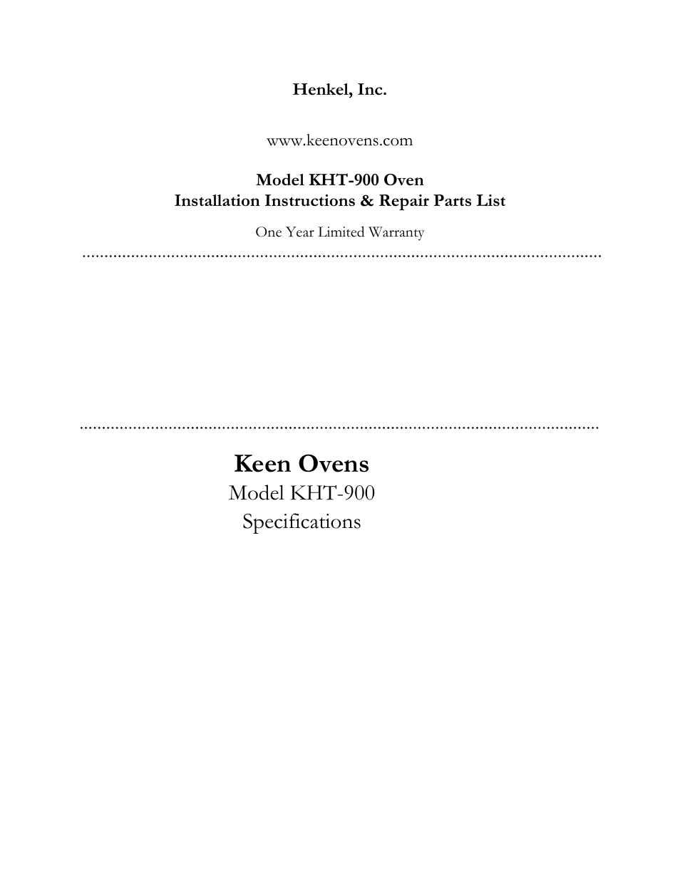 Keen ovens, Model kht-900 specifications, Henkel, inc | Henkel KEEN KHT-900 User Manual | Page 2 / 7