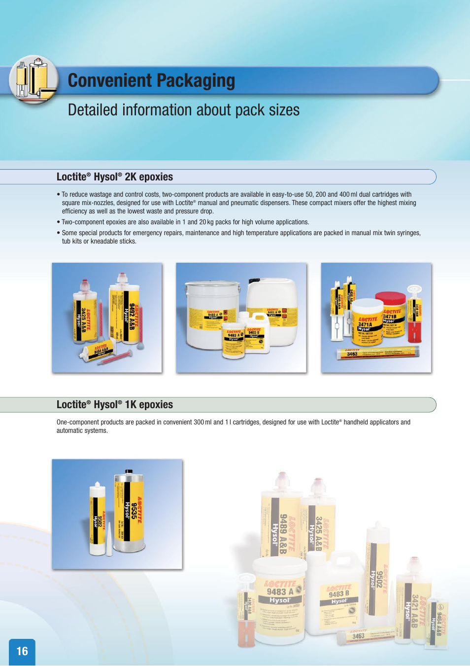 Convenient packaging, Detailed information about pack sizes, Loctite | Hysol, 2k epoxies, 1k epoxies | Henkel Structural Bonding Solutions User Manual | Page 16 / 24