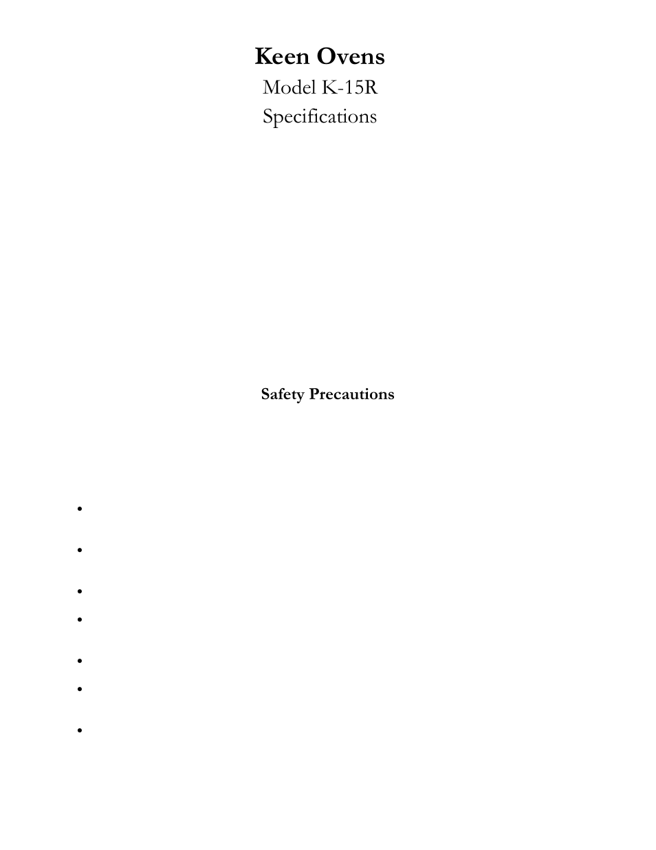 Keen ovens, Model k-15r specifications, Safety precautions | Henkel K-15R User Manual | Page 3 / 7