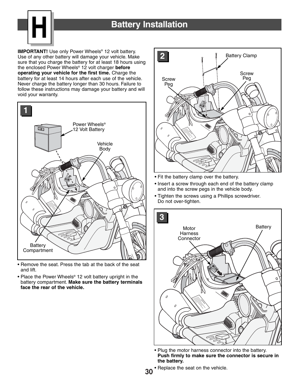 Battery installation | Harley-Davidson B3160 User Manual | Page 30 / 40