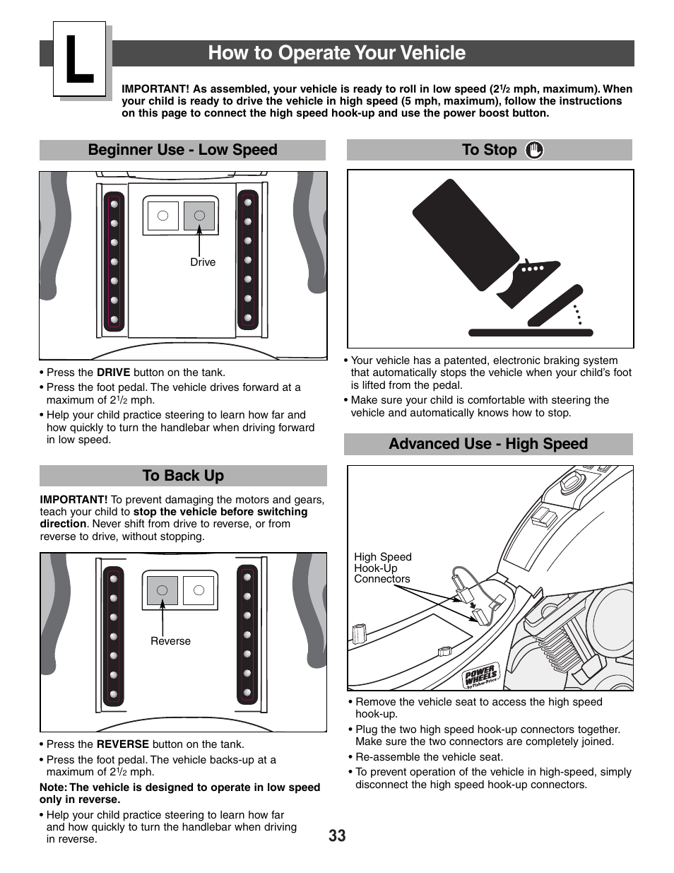 How to operate your vehicle, Beginner use - low speed to stop, Advanced use - high speed | Harley-Davidson B3160 User Manual | Page 33 / 40