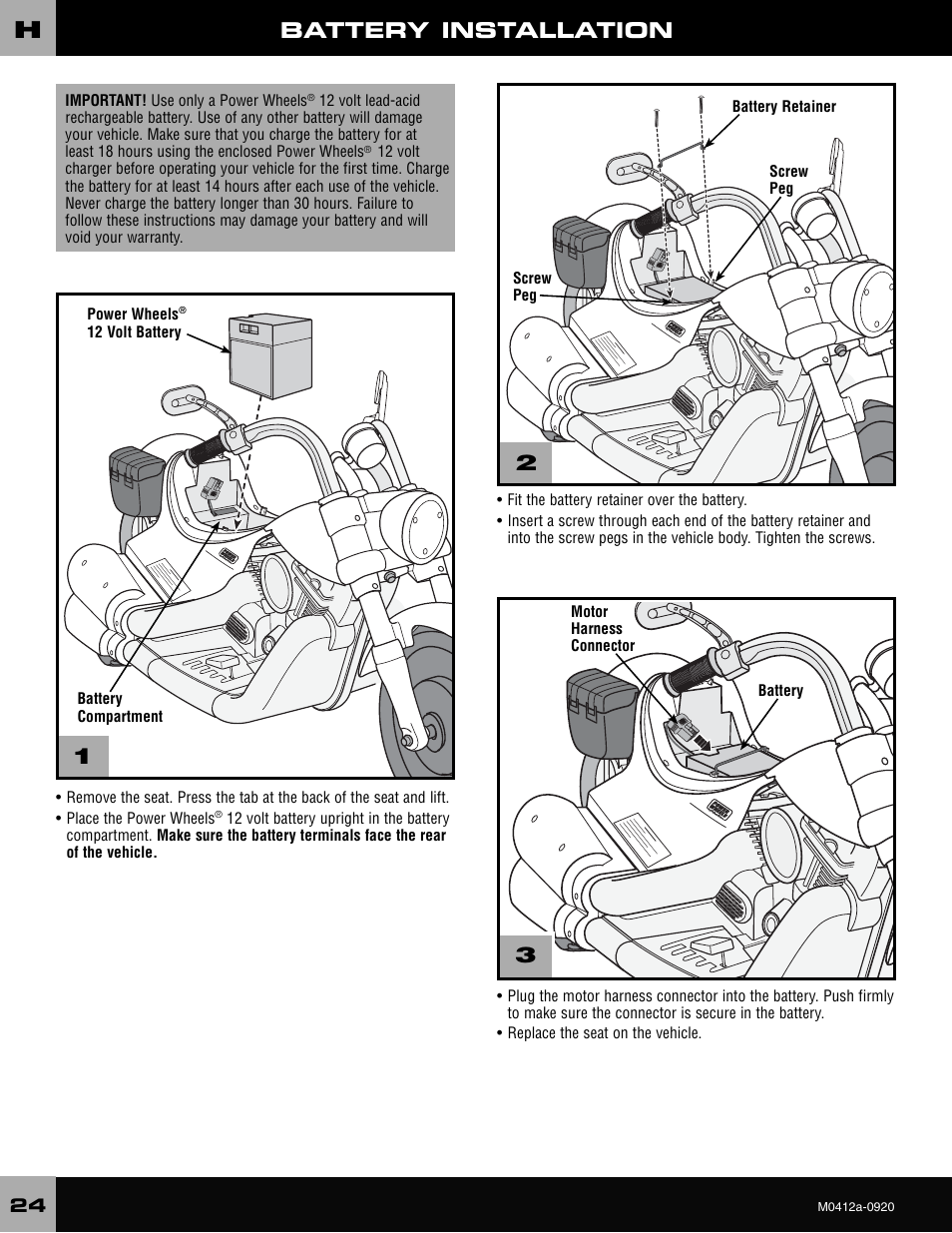 Battery installation | Harley-Davidson CRUISER M0412 User Manual | Page 24 / 32
