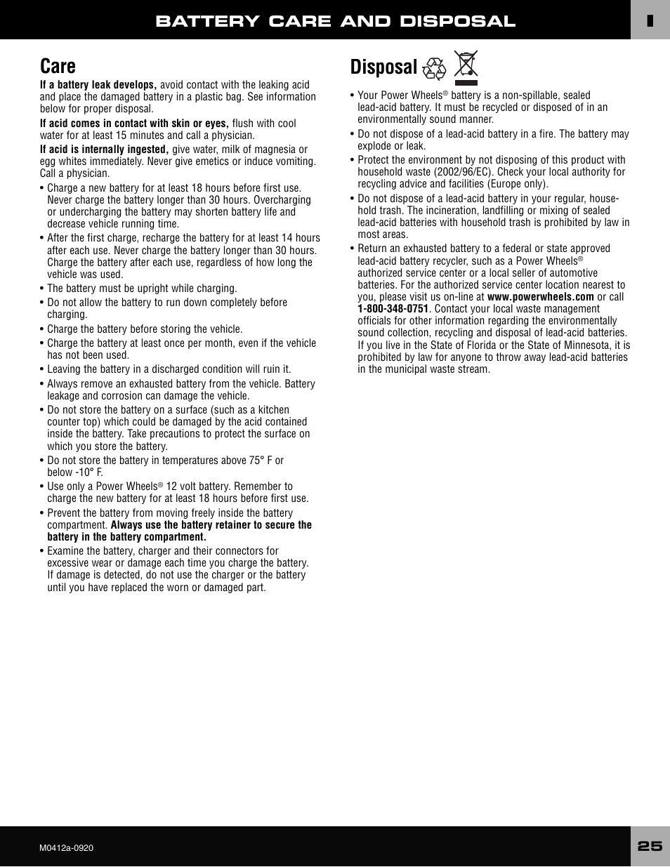 Care, Disposal, Battery care and disposal | Harley-Davidson CRUISER M0412 User Manual | Page 25 / 32