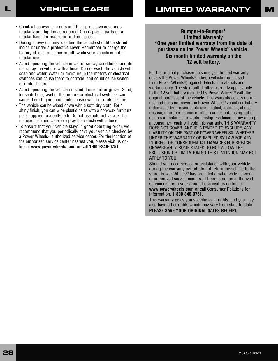 Vehicle care, Limited warranty | Harley-Davidson CRUISER M0412 User Manual | Page 28 / 32