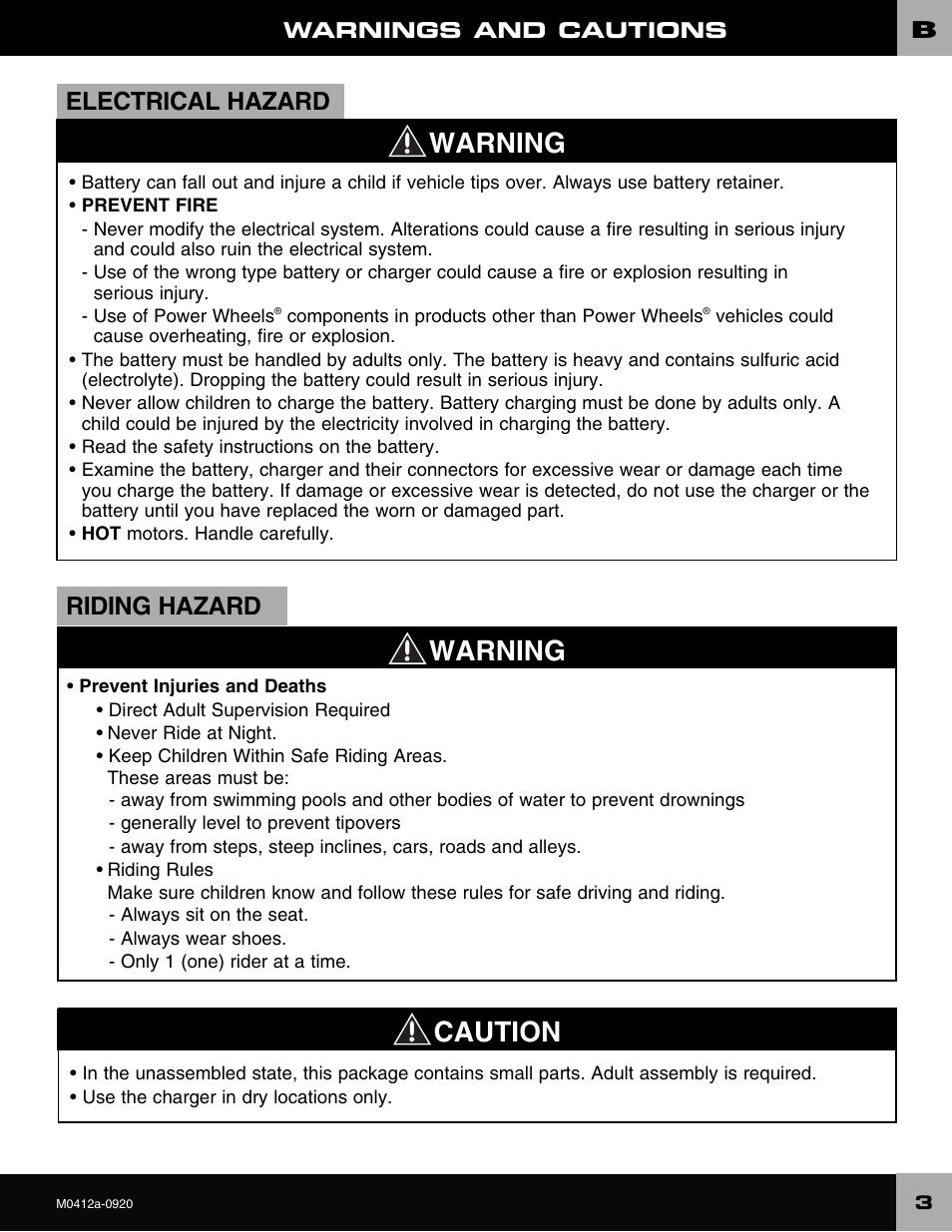 Warning caution warning, Electrical hazard, Riding hazard | Harley-Davidson CRUISER M0412 User Manual | Page 3 / 32