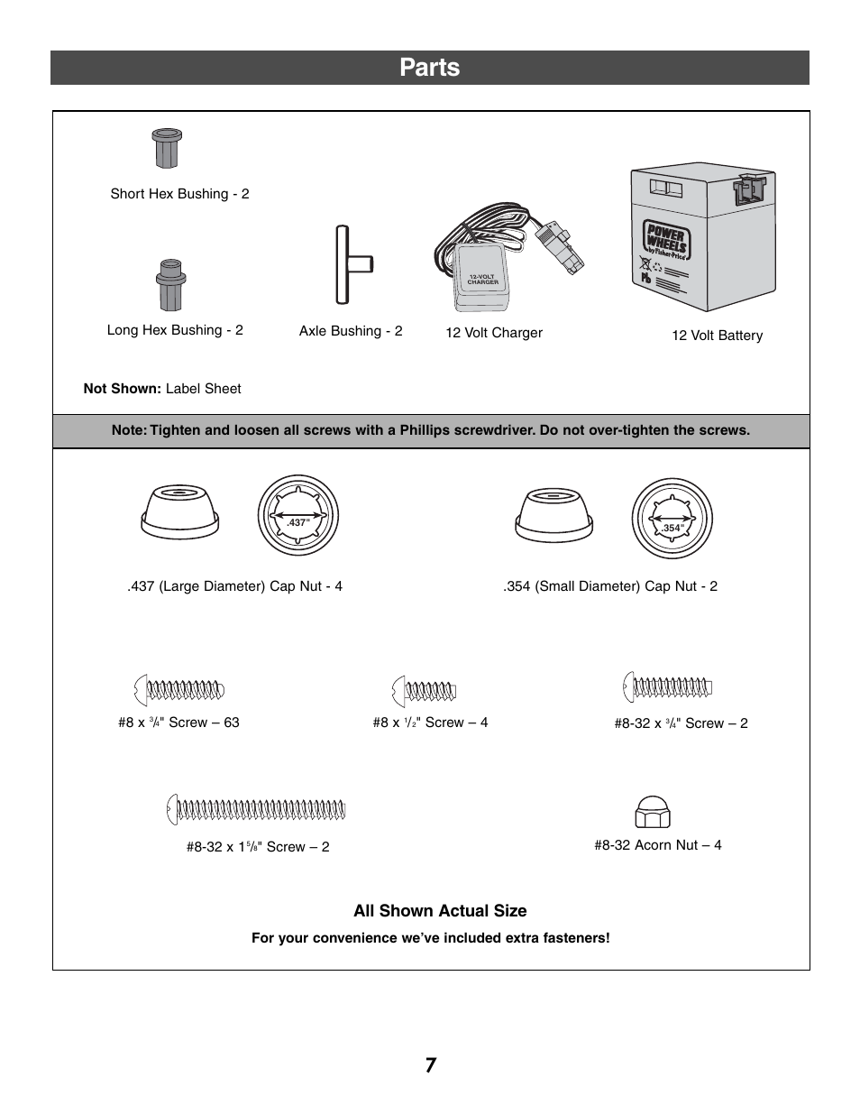 Parts, All shown actual size | Harley-Davidson CLASSIC CHROME H4808 User Manual | Page 7 / 39