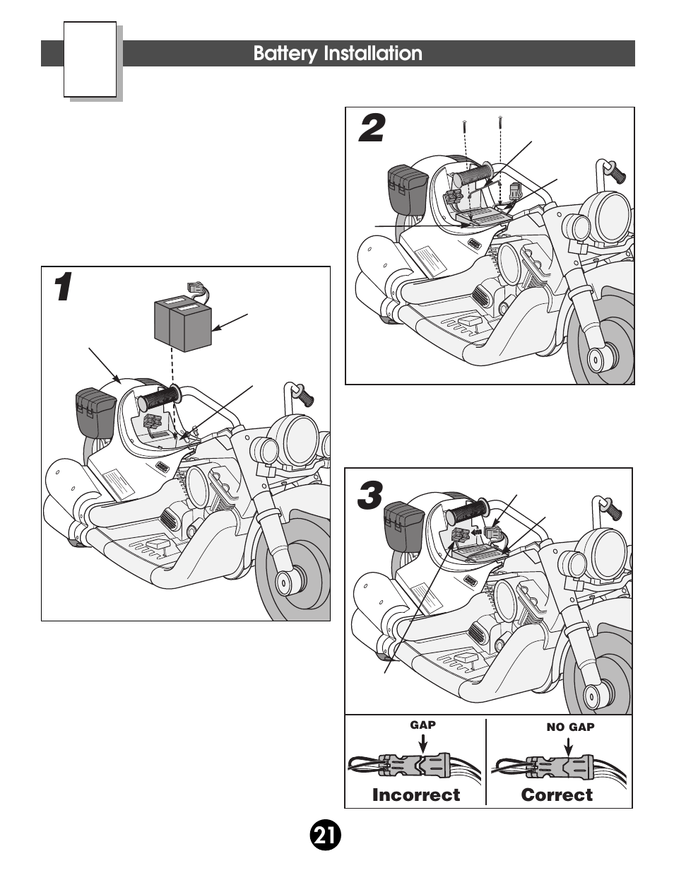 Battery installation, Incorrect correct | Harley-Davidson 74298 User Manual | Page 21 / 32