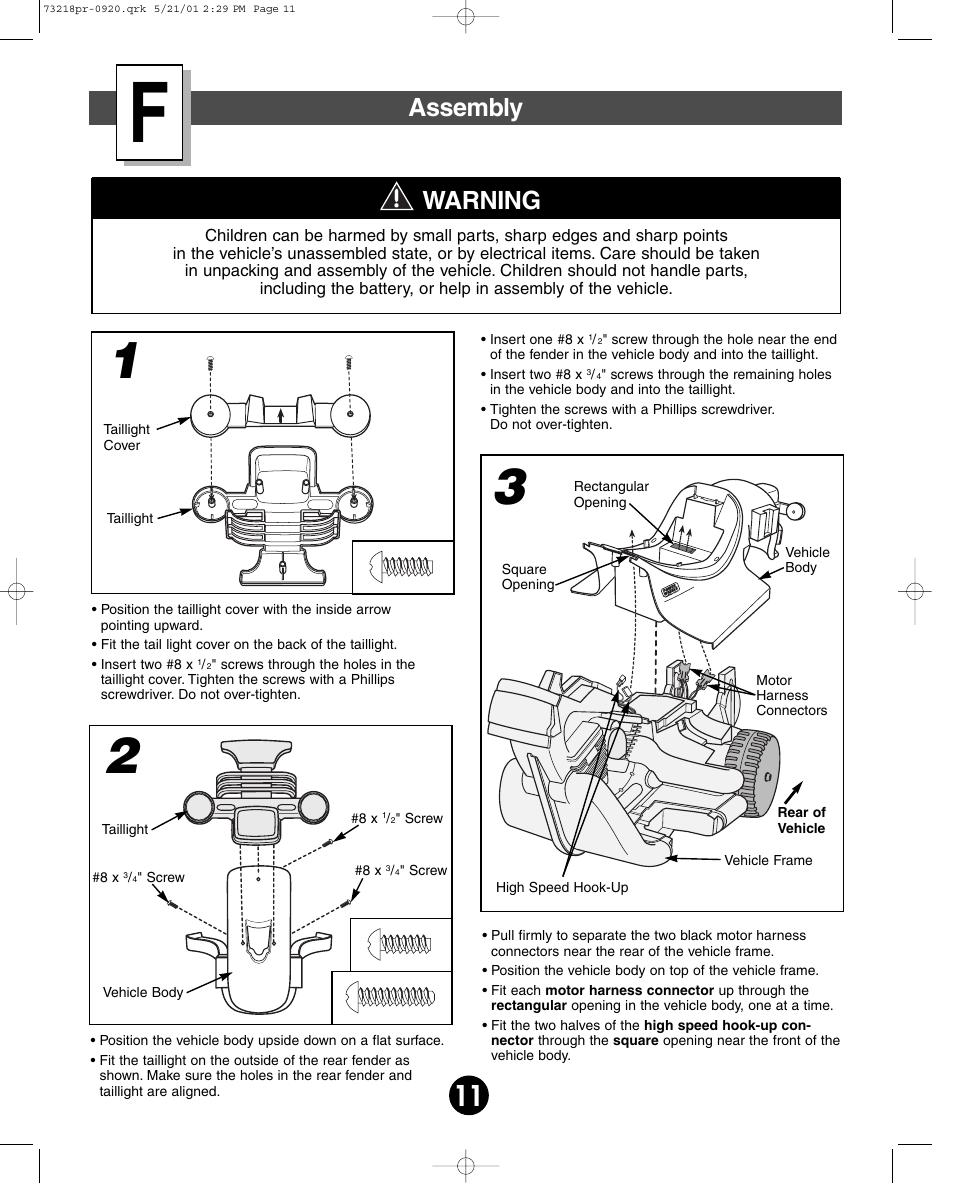 Assembly, Warning | Harley-Davidson FISHER-PRICE 73218 User Manual | Page 11 / 36