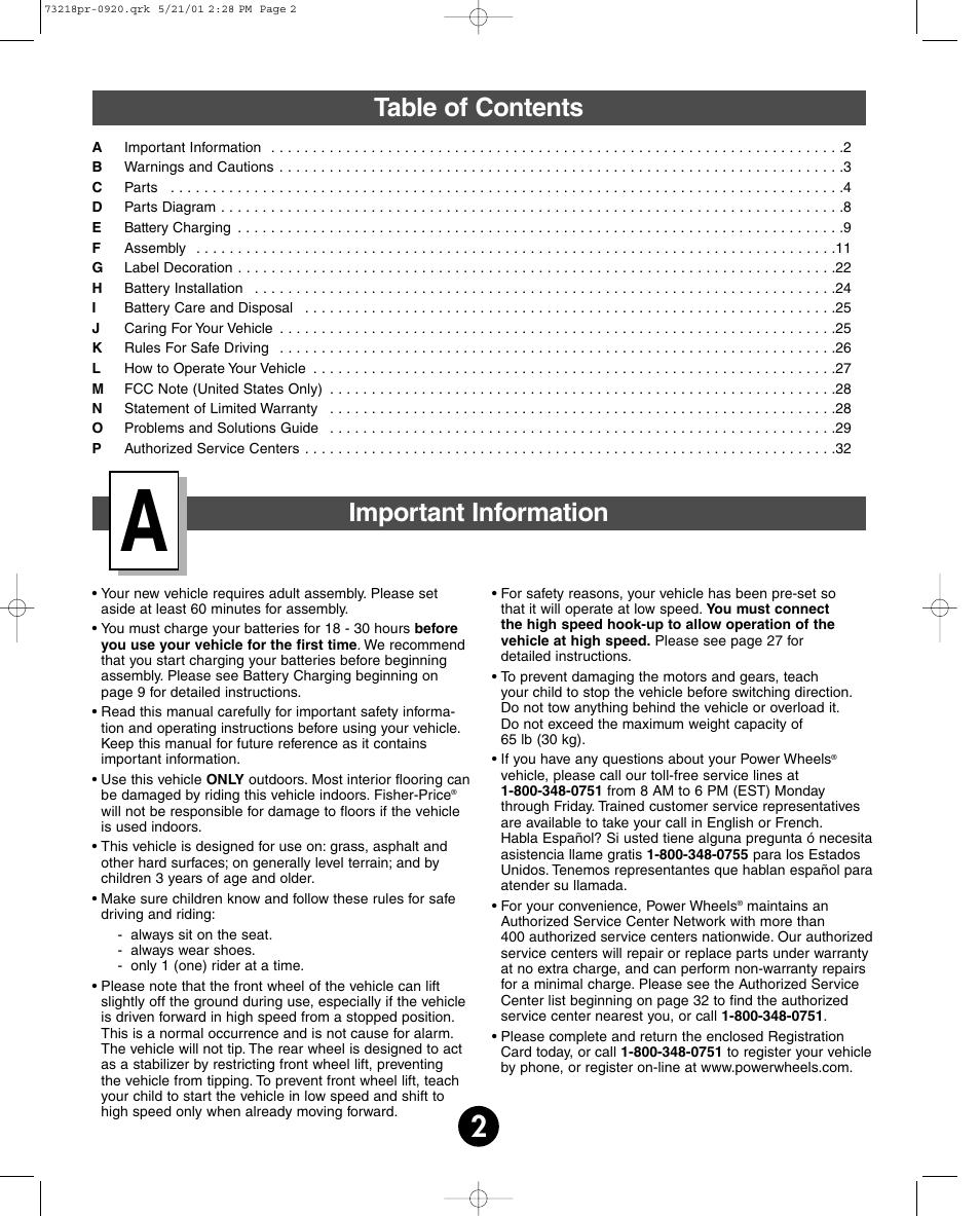 Table of contents important information | Harley-Davidson FISHER-PRICE 73218 User Manual | Page 2 / 36