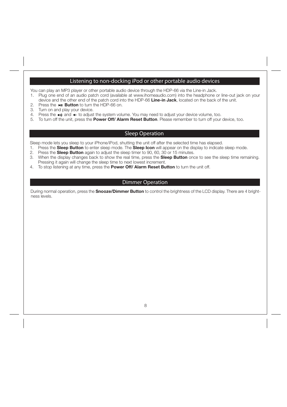 Sleep operation, Dimmer operation | Harley-Davidson HDP66 User Manual | Page 10 / 14