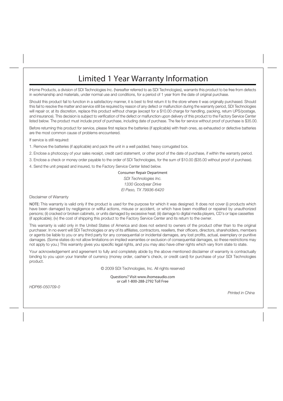 Limited 1 year warranty information | Harley-Davidson HDP66 User Manual | Page 14 / 14