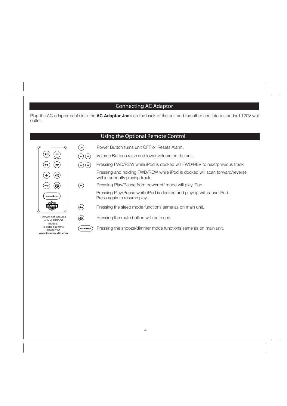 Using the optional remote control, Connecting ac adaptor | Harley-Davidson HDP66 User Manual | Page 6 / 14