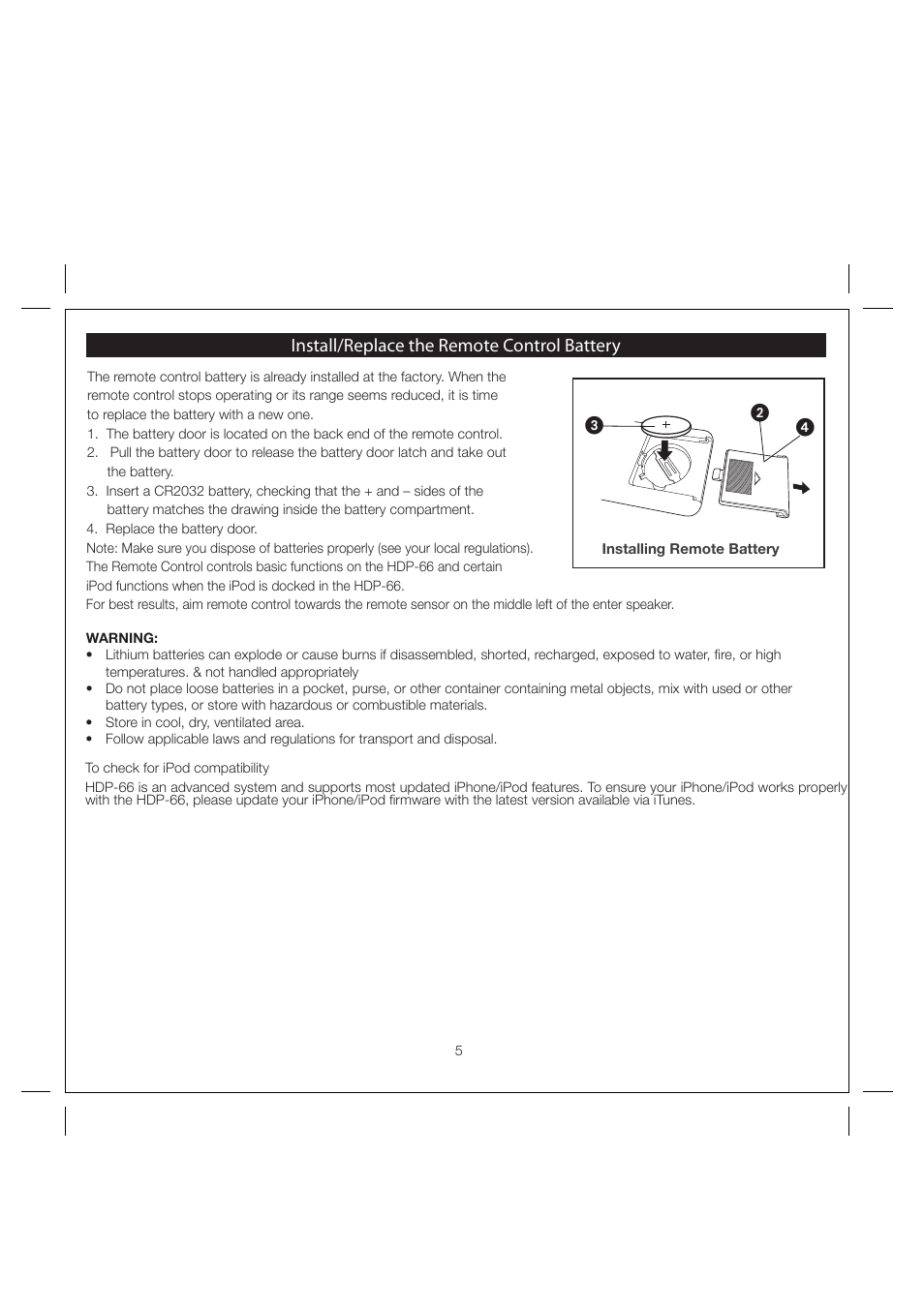 ᕢᕣ install/replace the remote control battery | Harley-Davidson HDP66 User Manual | Page 7 / 14