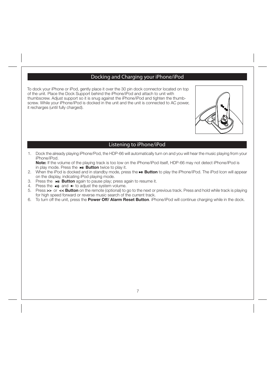 Docking and charging your iphone/ipod, Listening to iphone/ipod | Harley-Davidson HDP66 User Manual | Page 9 / 14