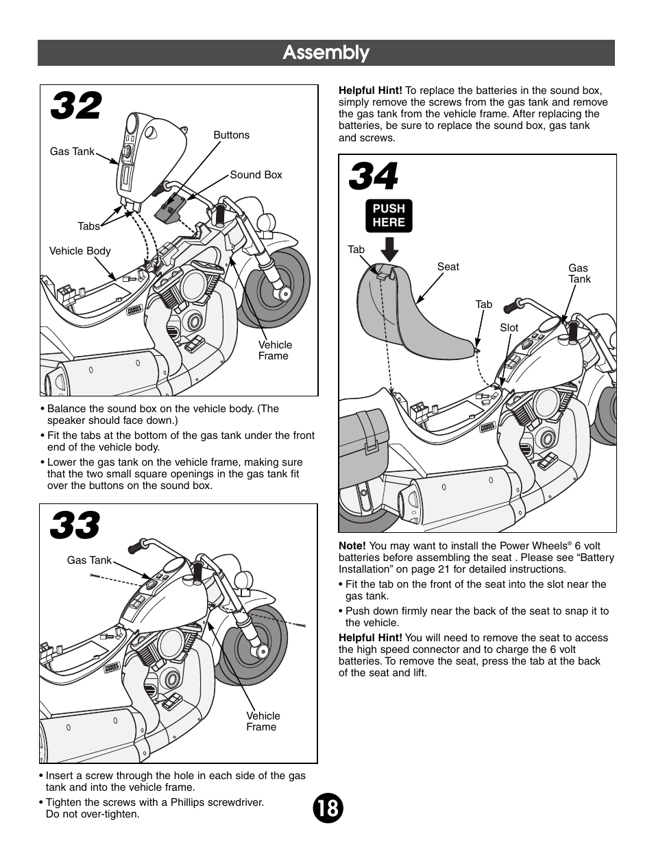 Assembly | Harley-Davidson POWER WHEELS 74370 User Manual | Page 18 / 32
