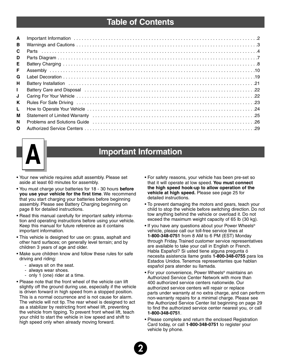 Table of contents important information | Harley-Davidson POWER WHEELS 74370 User Manual | Page 2 / 32