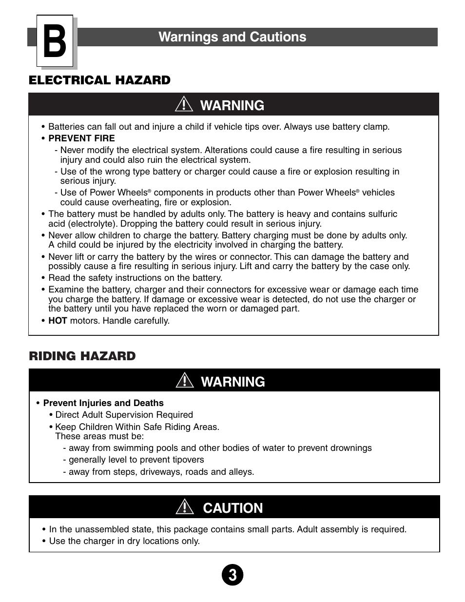 Warnings and cautions, Caution, Warning | Harley-Davidson POWER WHEELS 74370 User Manual | Page 3 / 32