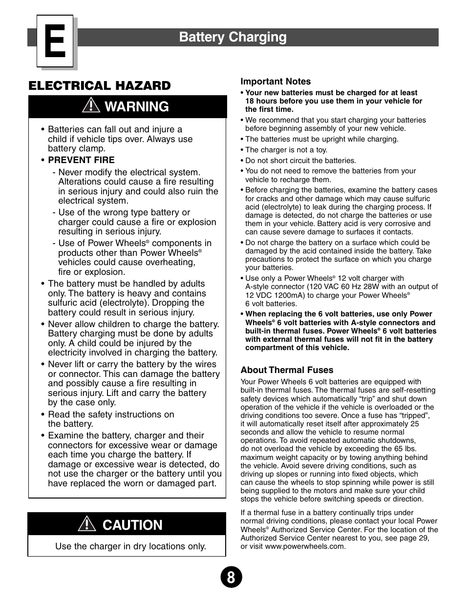 Battery charging, Caution, Warning | Electrical hazard | Harley-Davidson POWER WHEELS 74370 User Manual | Page 8 / 32
